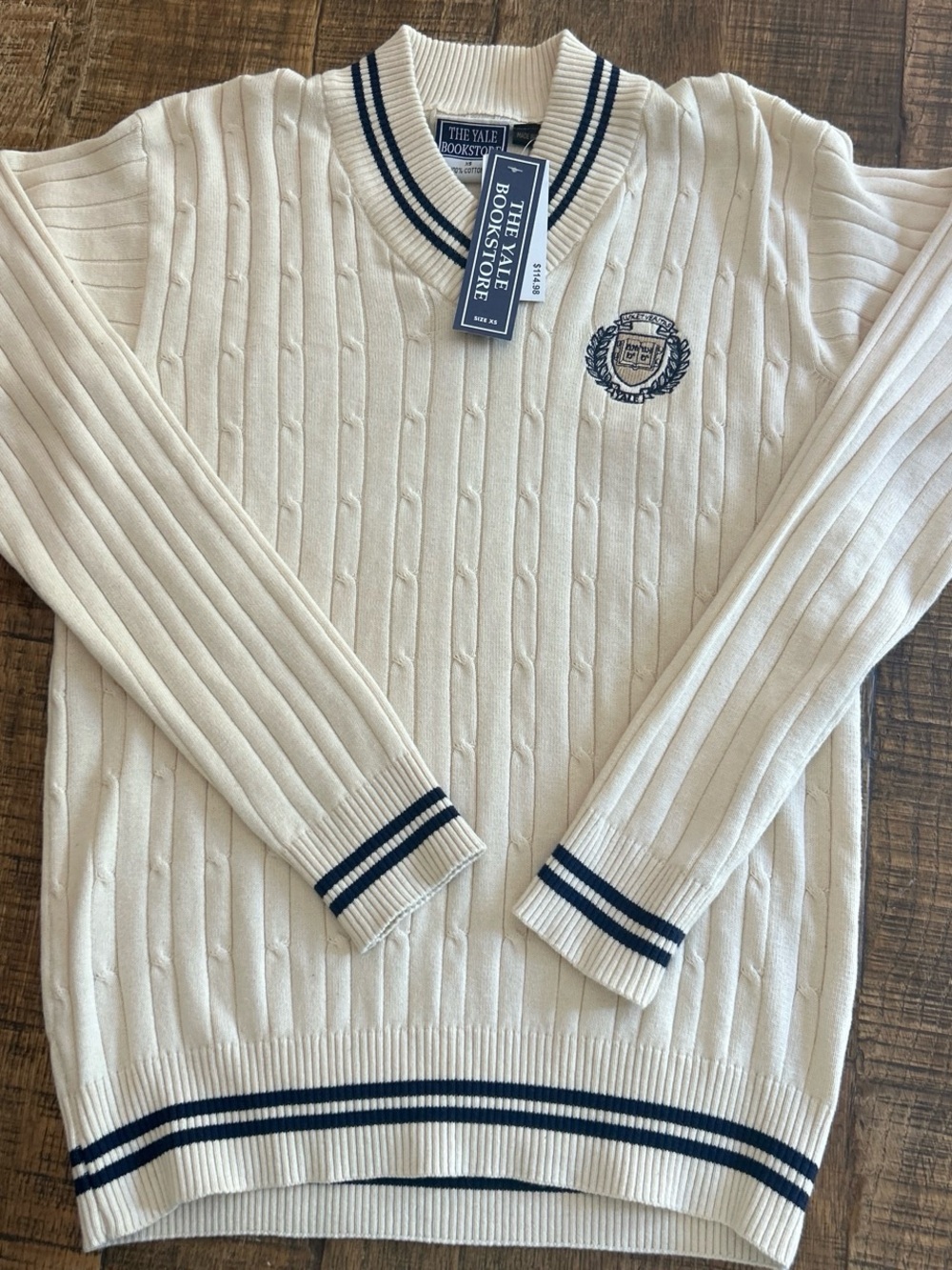 Women's Yale university Cream V-Neck Cable Sweater with Navy Trim